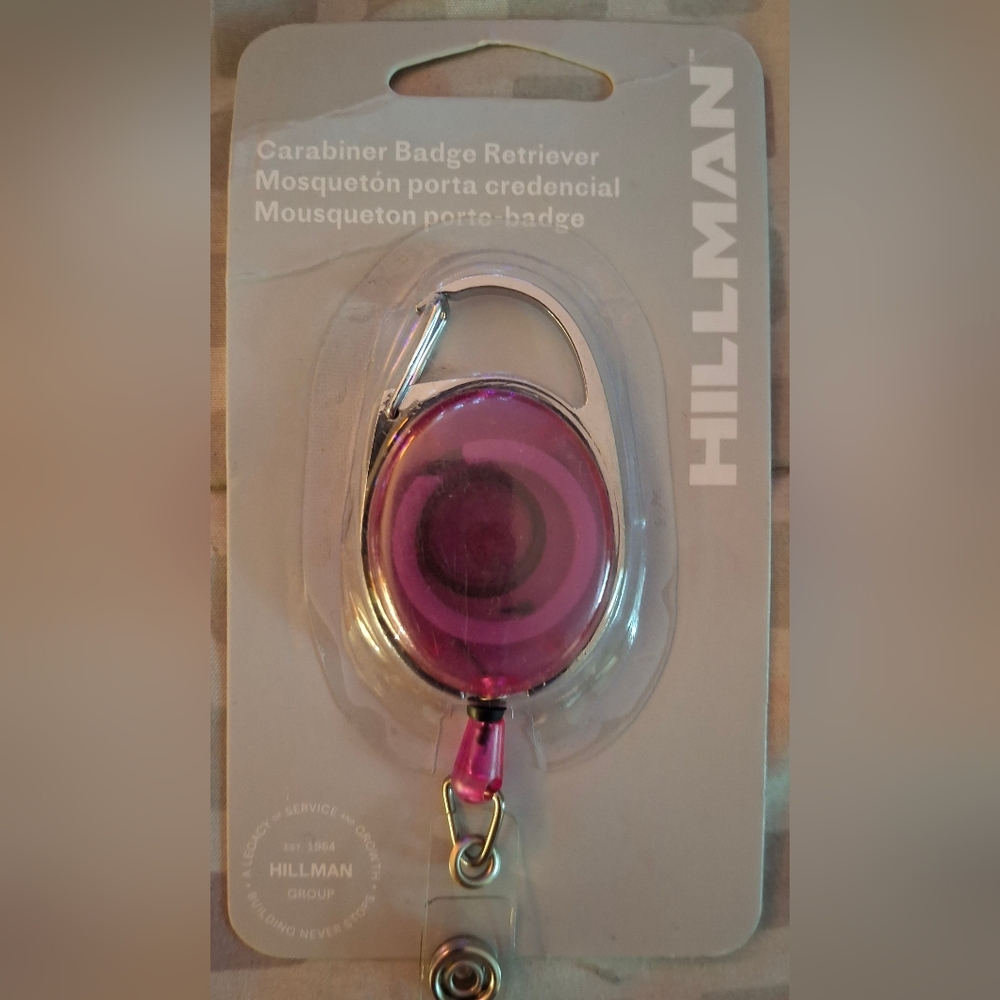 Hillman 711131 Plastic Assorted Badge Retriever Carabiner- 2 Available- Pink/Blk